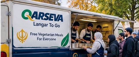 Illustration of volunteers serving free vegetarian meals from a Qarseva Langar To Go van